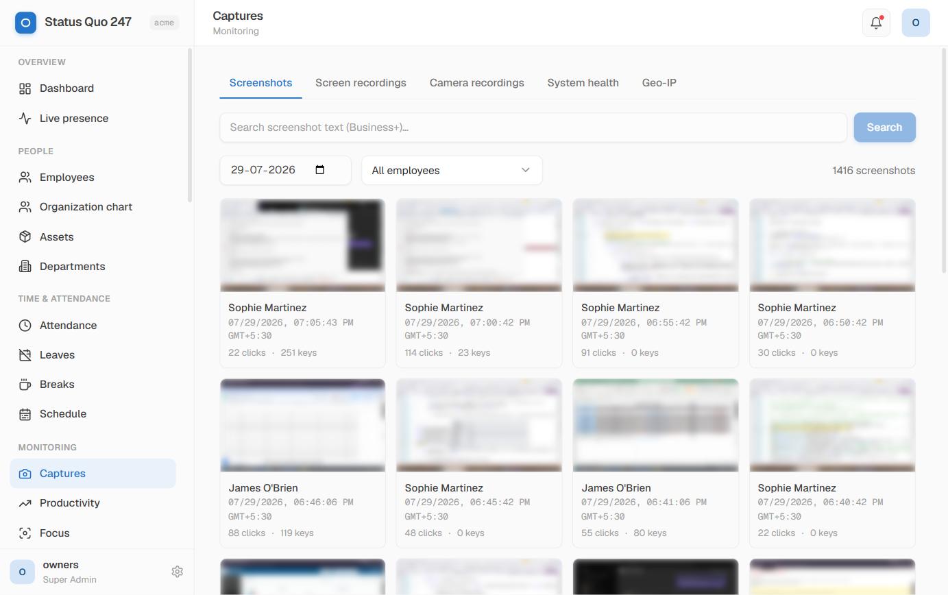 Status Quo 247 admin panel — activity monitoring screenshots gallery