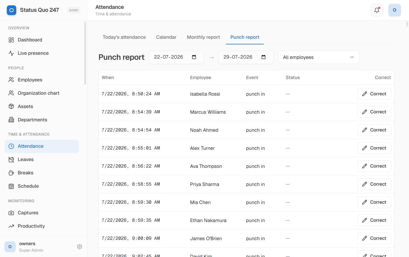 Punch report with manual correction and audit trail
